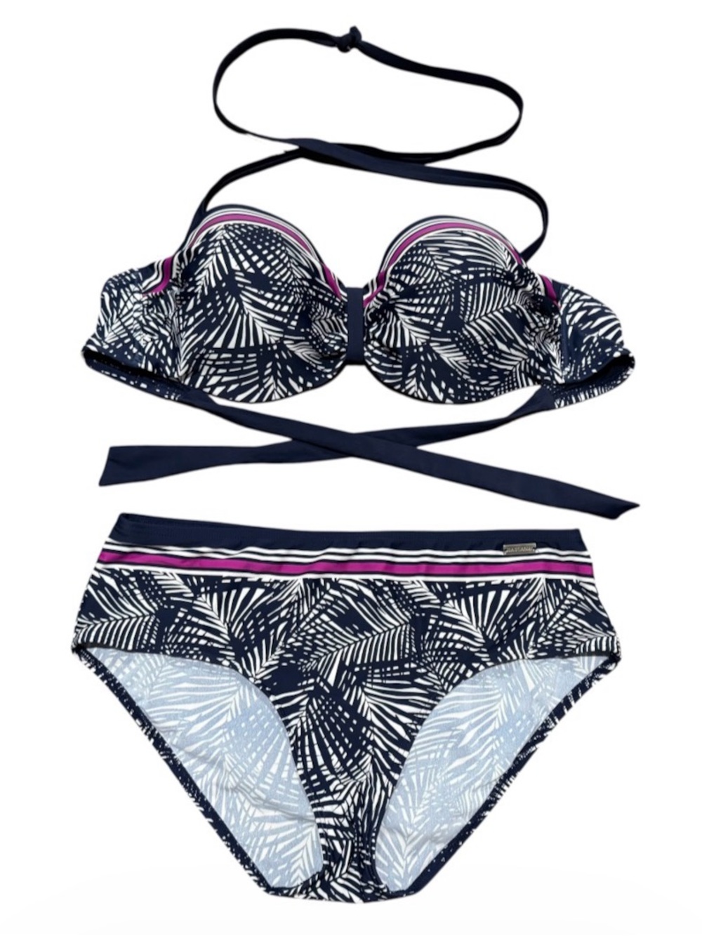 Lascana Venus Navy Blue Purple Palm Bandaeu Bikini High Waist Bottom D Large